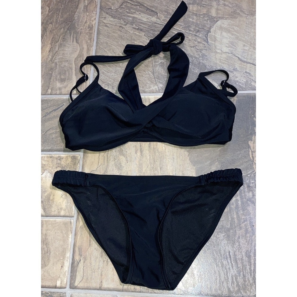 New $68 Small Black String Bikini 2 Pc Set Padded 2 Pc Ties Top Side &Bottoms
